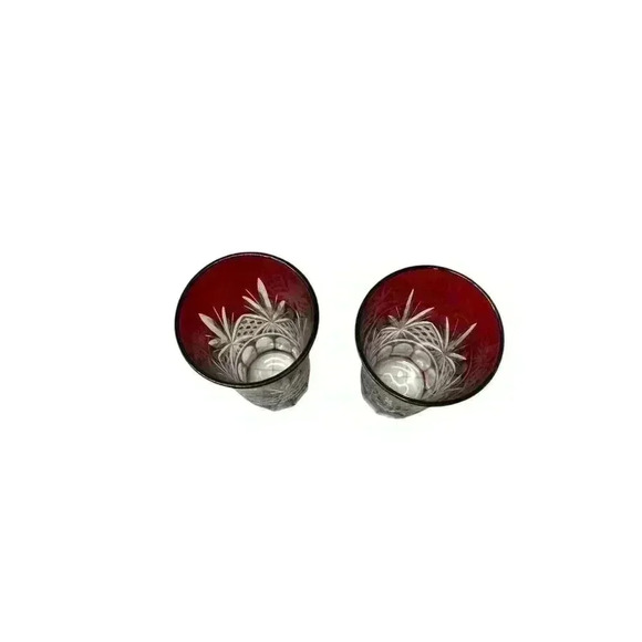 2 Vintage Ruby Red Cut Clear Bohemian Glass 4" Small Vases Antique - Picture 3 of 7